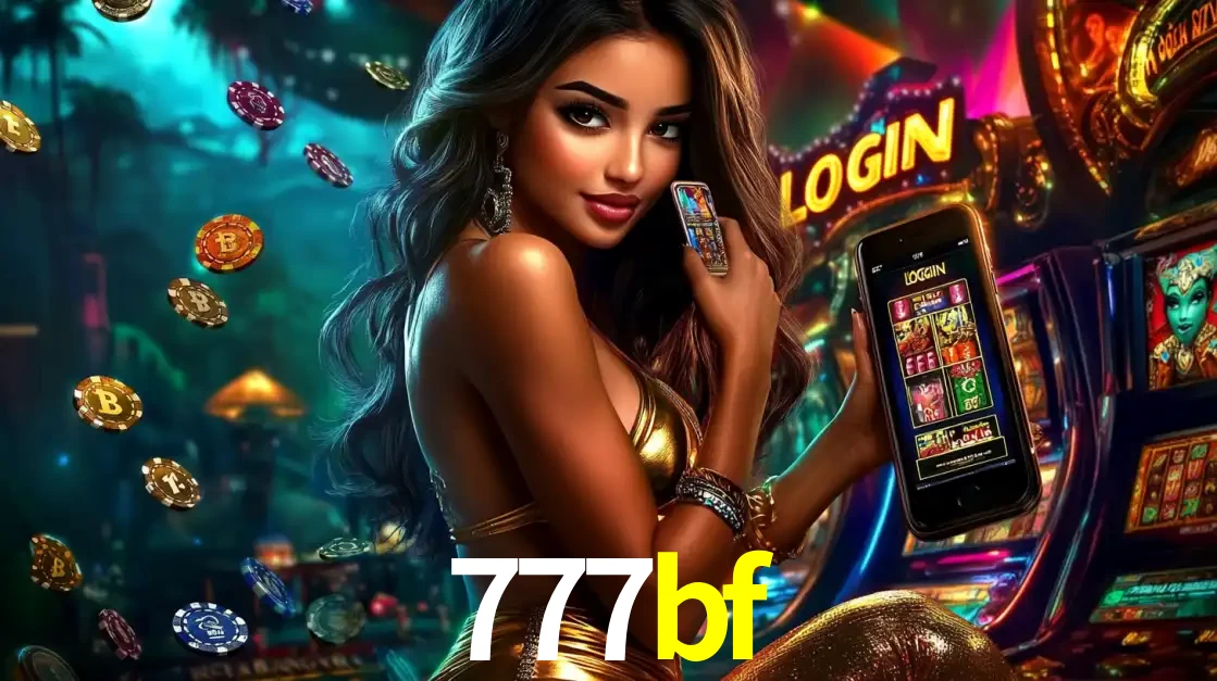 Mulher em um cenário de cassino temático de aventura, mostrando o app de caça-níqueis da 777bf no celular. Fichas de apostas flutuam ao redor.