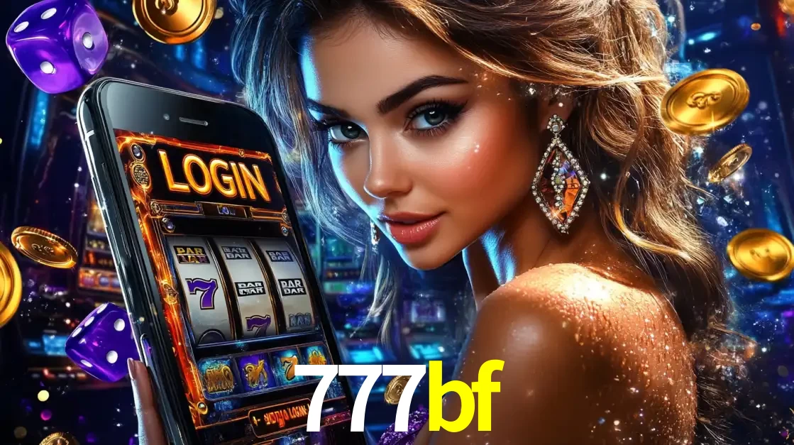 Mulher glamorosa segurando um smartphone com a tela de login para os jogos de caça-níqueis do cassino online 777bf, com moedas de ouro e dados ao redor.