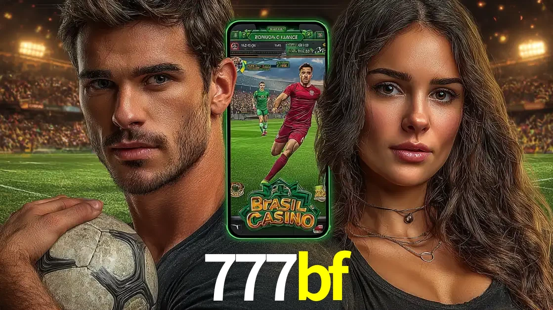 Homem segurando uma bola de futebol e uma mulher ao lado de um smartphone exibindo o jogo de apostas esportivas da 777bf. Faça seu palpite no cassino online.